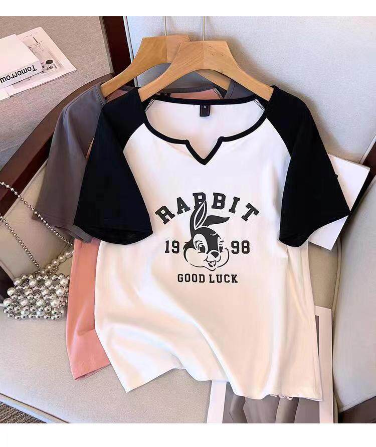 大码女装夏装新款300斤v领遮肚上衣宽松胖mm显瘦减龄正肩短袖T恤