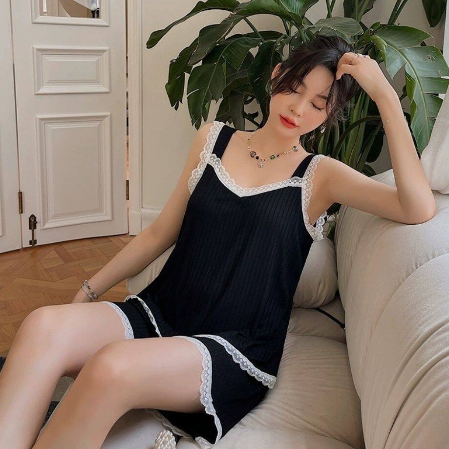 蕾丝性感冰丝吊带短裤睡衣二件套装女夏季网红薄款大码300斤宽松