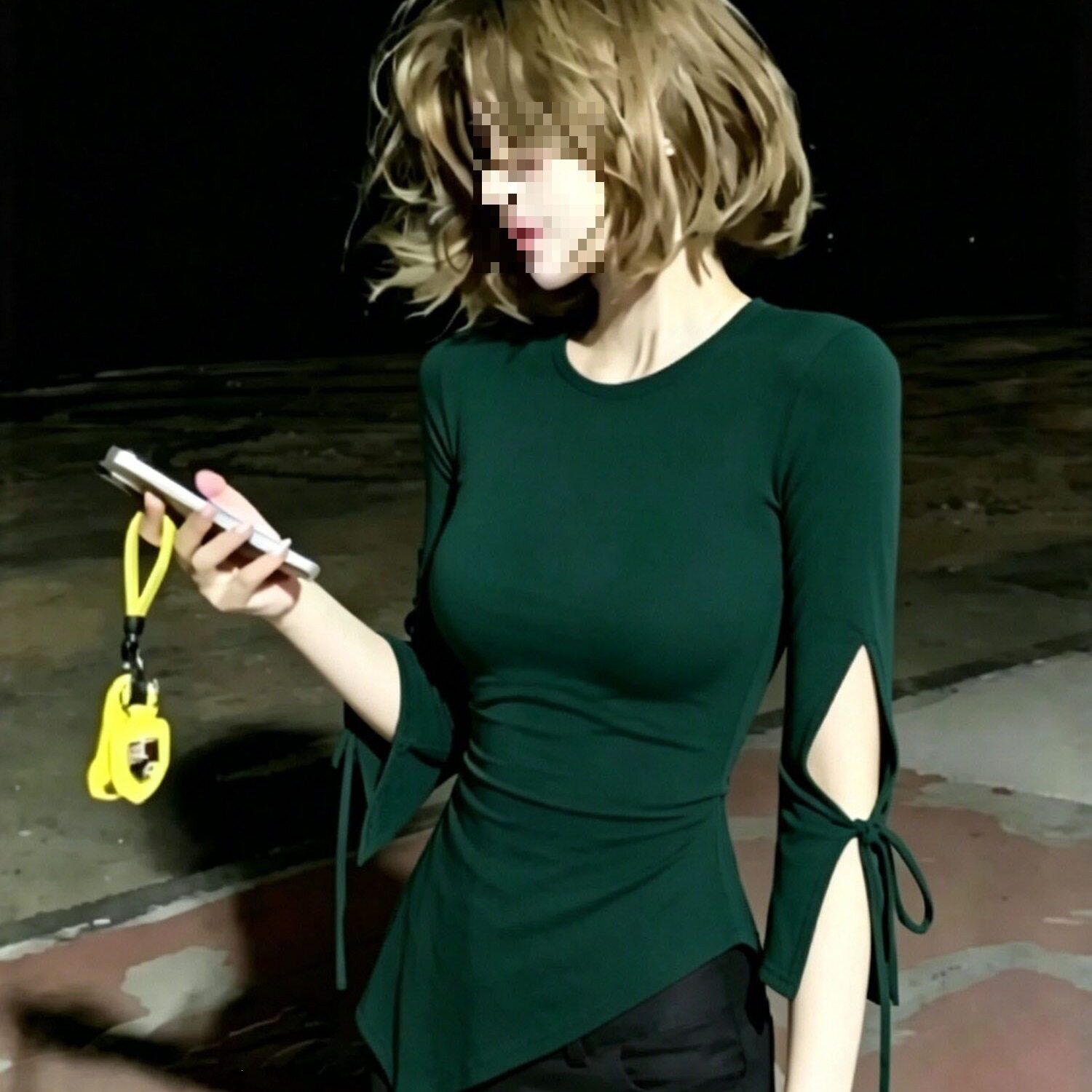 性感纯欲风墨绿色七分袖T恤女修身显瘦圆领绑带小资小上衣