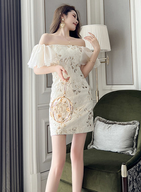 生日派对小礼裙设计感网纱荷叶袖一字领亮片抹胸连衣裙短裙50323