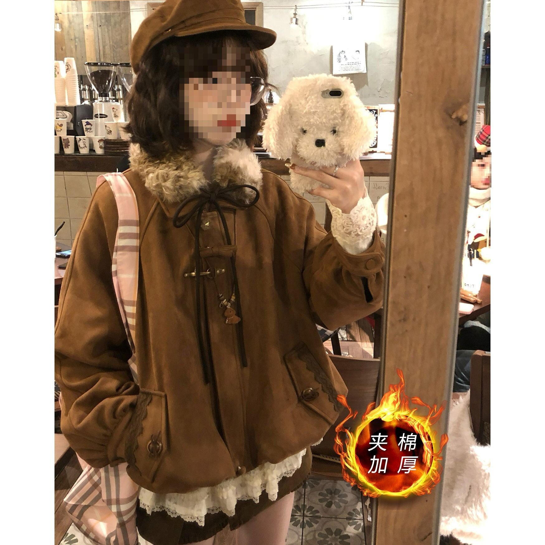 奈奈风复古春秋毛毛花杂感花苞外套镂空蕾丝打底衫短裙三件套套装