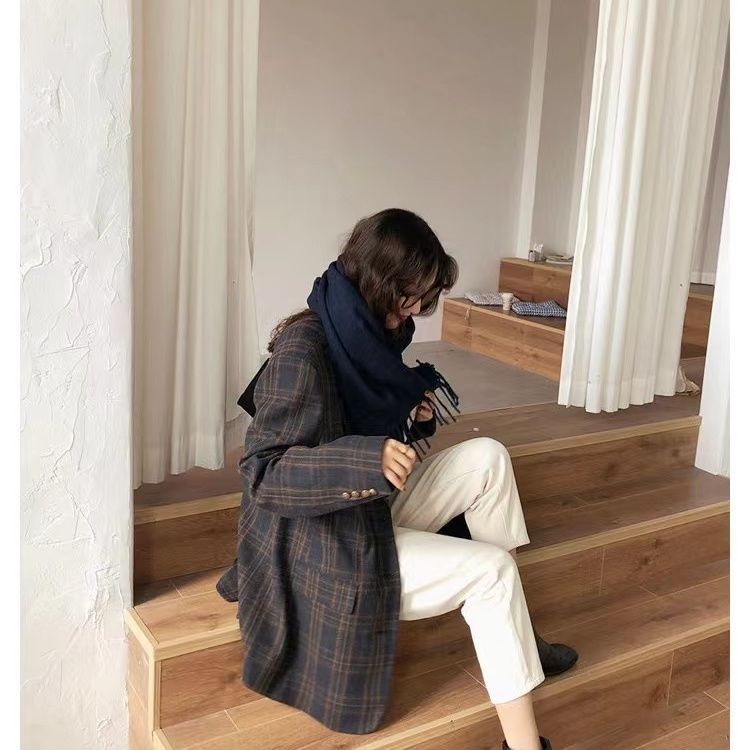 韩版英伦风加厚格子西装外套女宽松秋冬复古设计感小众网红小西服