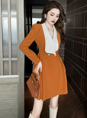 2025秋装新款御姐风气质翻领收腰显高连衣裙时尚A字摆裙子10187