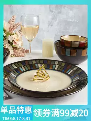 Yuquan retro rice bowl for eating a single household bowl plate noodle bowl Japanese and Korean ceramic color checkered tableware thickened