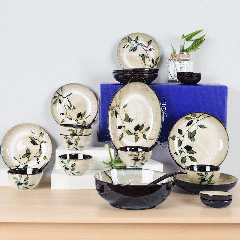玉泉竹叶餐具碗碟套装现代 韩式碗筷家用组合 陶瓷盘子菜盘可微波