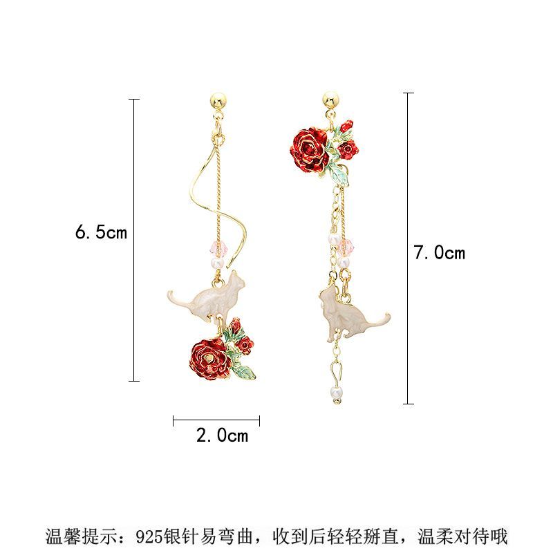玫瑰花耳环女2025年新款珍珠流苏不对称长款猫咪S925纯银耳钉耳夹