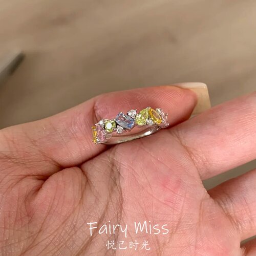 彩虹糖彩色宝锆石爆闪优雅食指戒