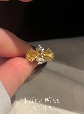 复古宫廷四叶草爆闪花朵金色戒指