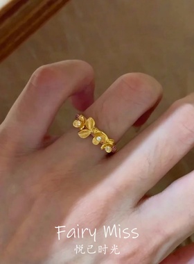 S925纯银拉丝桂花镶钻中式食指戒