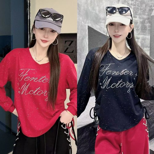 春秋新款广场曳步舞T恤长袖上衣女士网红同款满天星烫钻圆领队服