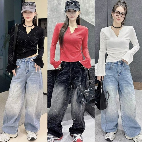 2025秋冬新款曳步舞运动套装女网红同款牛仔阔腿裤加厚广场舞队服