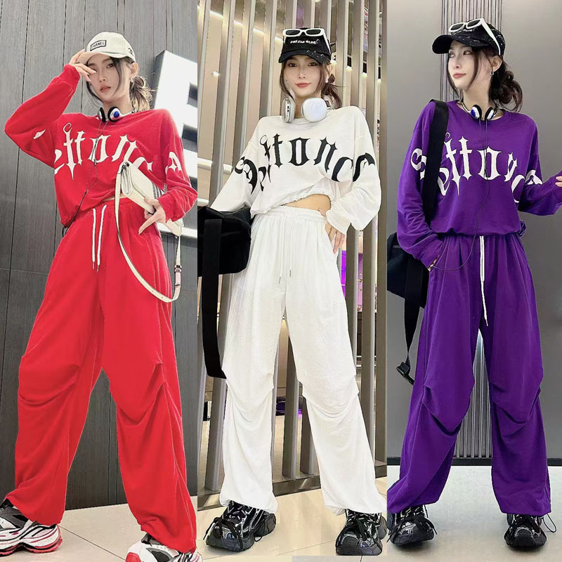 2024早秋新款曳步舞运动套装女冰丝长袖休闲两件套广场舞演出队服