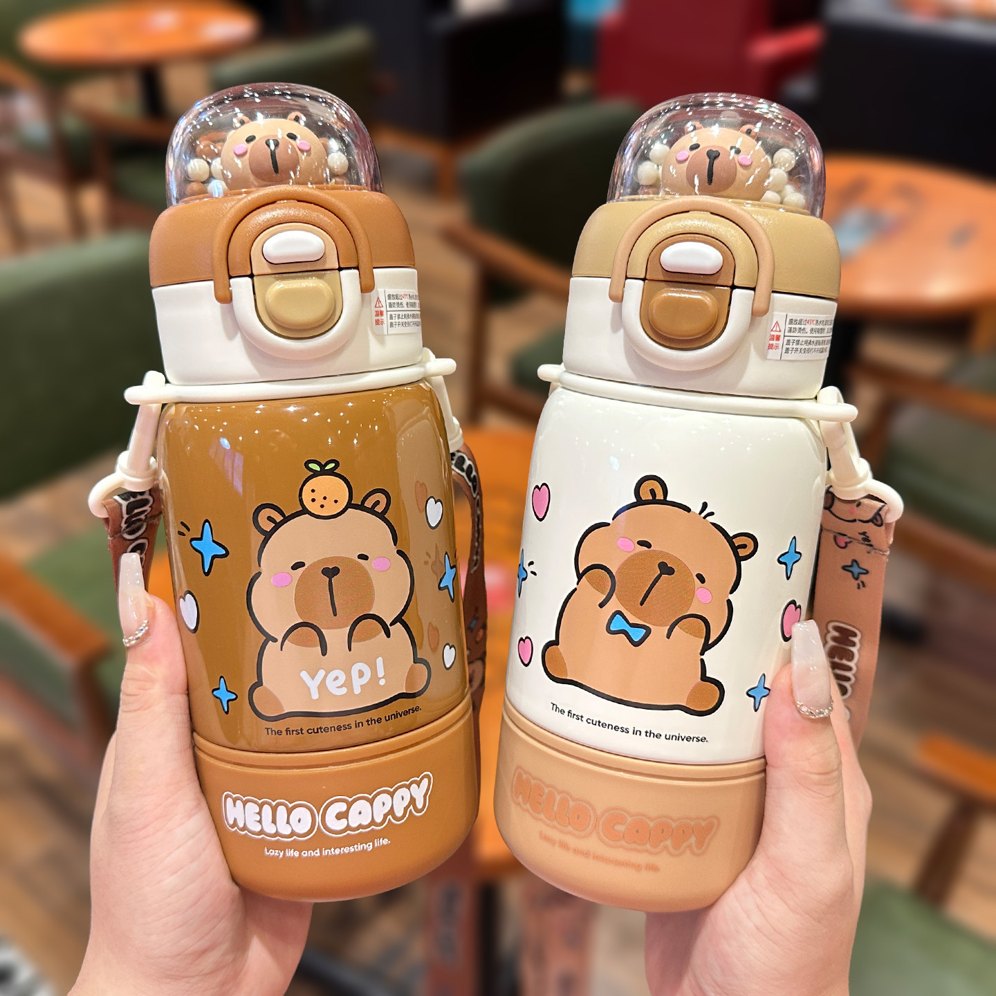卡皮巴拉儿童保温杯316食品级带盖水杯学生上学专用双饮吸管杯子