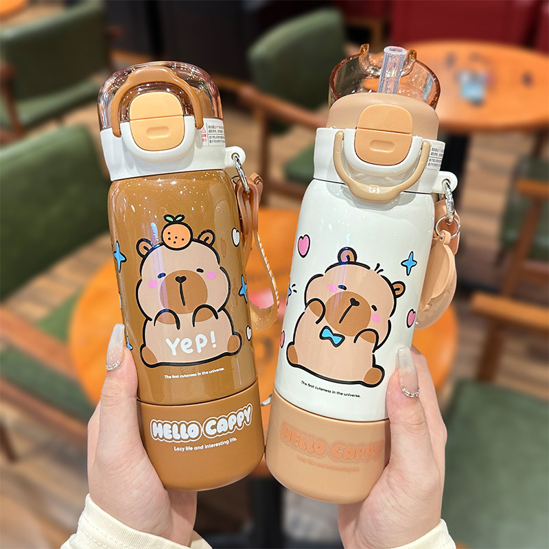 卡皮巴拉保温杯儿童水杯女生高颜值学生上学专用吸管杯子便携水壶