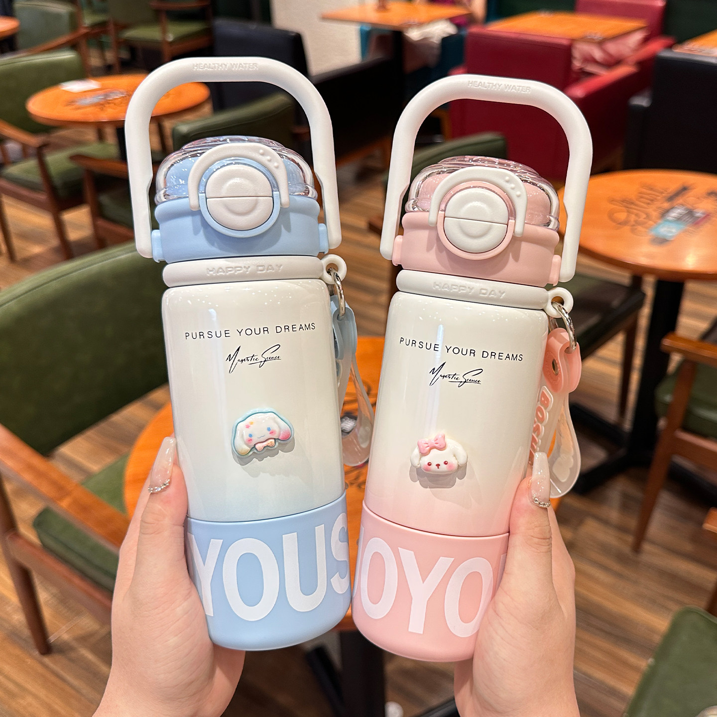 保温杯女生高颜值316不锈钢运动吸管水杯学生上学专用双饮杯带盖