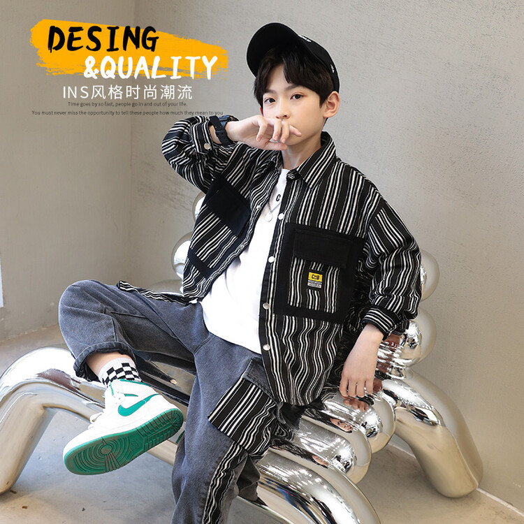 儿童装男童牛仔衬衫套装春秋款2023新款中大童格子衬衣套装炸街潮