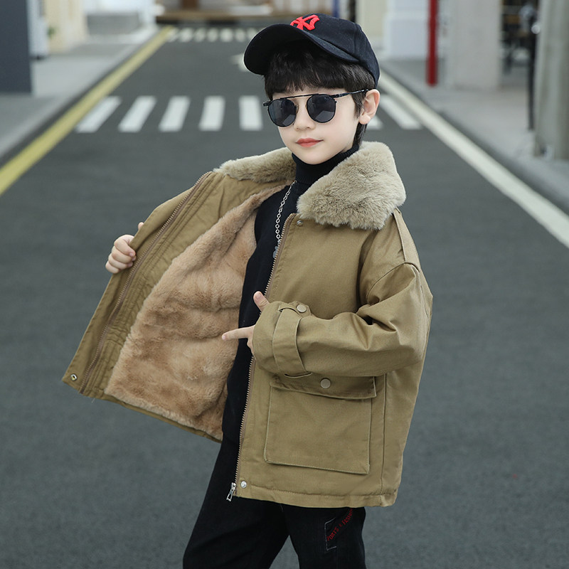 男童秋冬装加绒外套2025新款大童男孩冬季加厚毛领派克服儿童棉服