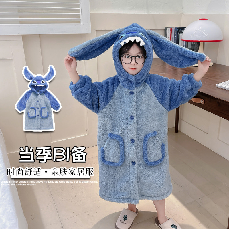 儿童睡衣男童冬季法兰绒加长加厚睡袍秋冬装男孩珊瑚绒家居服浴袍