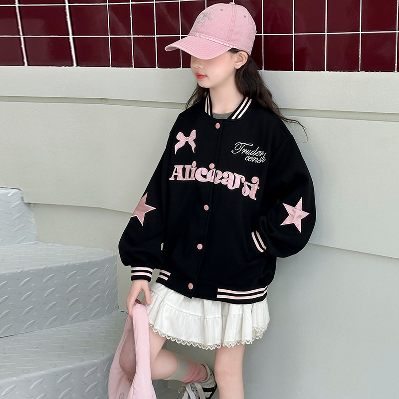 女童刺绣字母棒球服上衣2026春秋款中大童洋气韩版校园风夹克外套