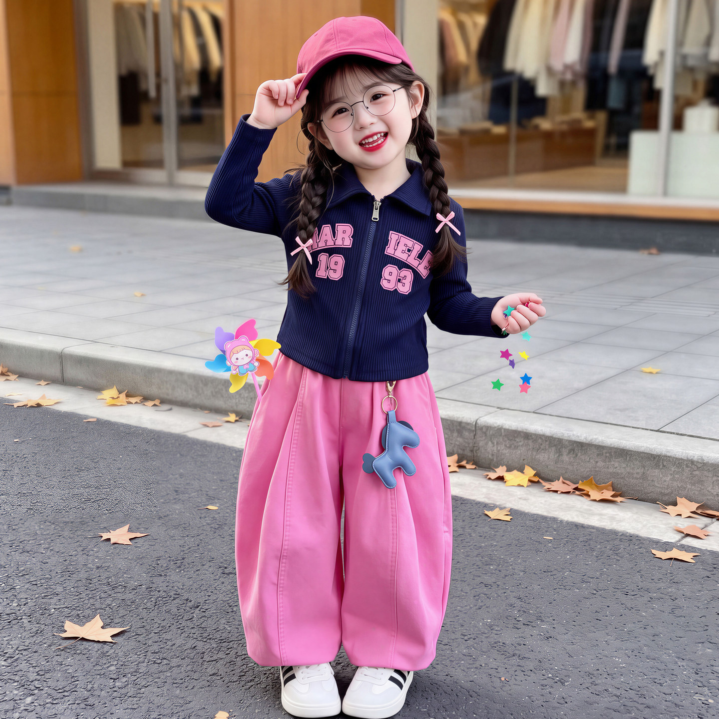 女童套装春秋款2026新款儿童字母休闲卡通女宝拉链开衫卫衣两件套