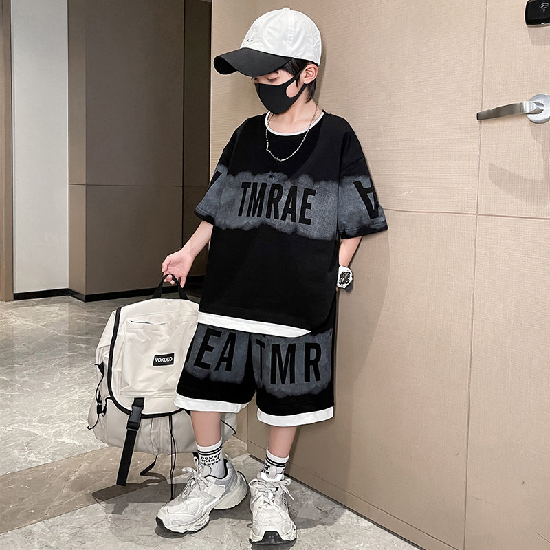 男童夏装韩系黑色字母短袖套装2026新款大儿童夏季男孩夏款衣服潮