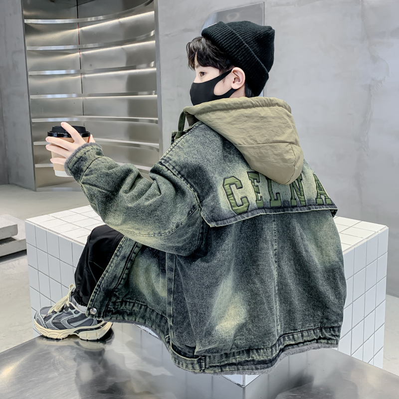 儿童装男童牛仔外套春秋装2025新款大童男孩秋冬款加绒加厚派克服