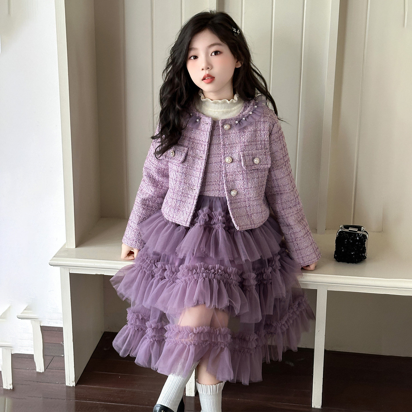 女童小香风连衣裙春装呢子外套儿童春季网纱蛋糕裙公主裙套装春秋