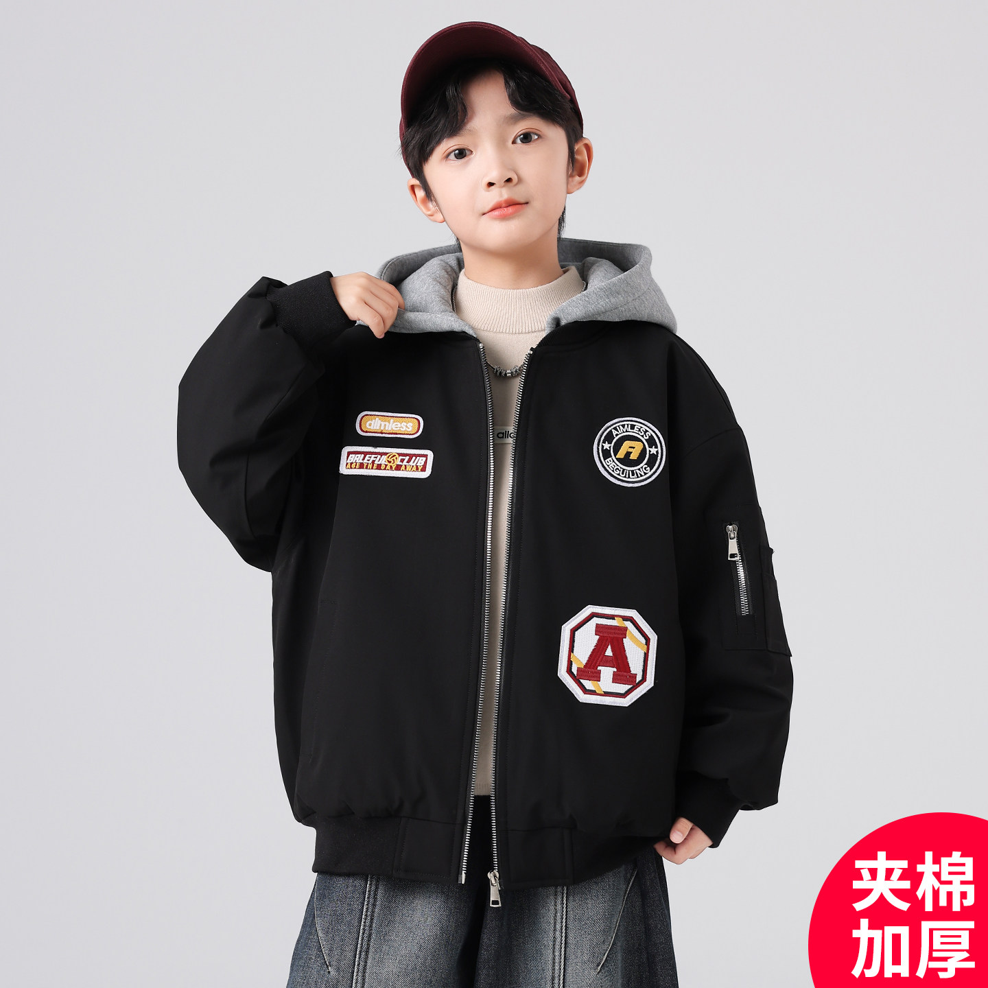 男童外套秋冬款2026新款冬季棒球服中大儿童冬装夹棉加厚连帽上衣