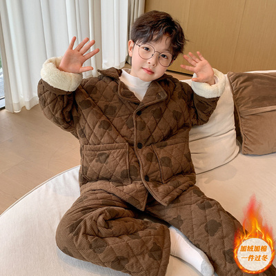 男童加绒睡衣秋冬季2025新款冬装加厚儿童三层夹棉保暖家居服套装