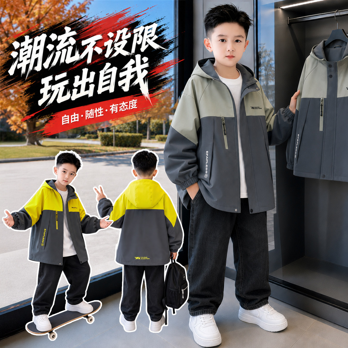 男童三防冲锋衣外套2026春秋中大童拼色中长款男孩防风连帽风衣潮