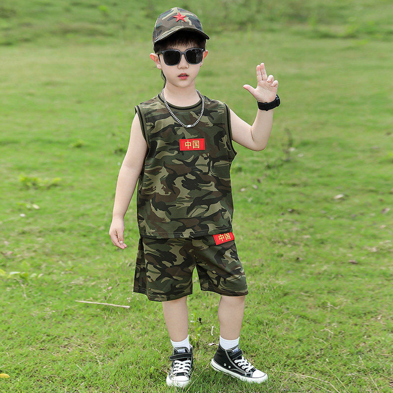男童夏季背心套装2026新款儿童迷彩服宝宝军训衣服纯棉无袖运动潮