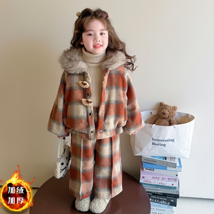 女童冬装套装加绒加厚2025新款儿童韩版洋气保暖格子棉衣服两件套
