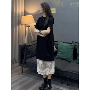 夏裝 胖mm寬松氣質減齡T恤連衣裙疊穿蕾絲半身裙子 女大碼 穿搭套裝