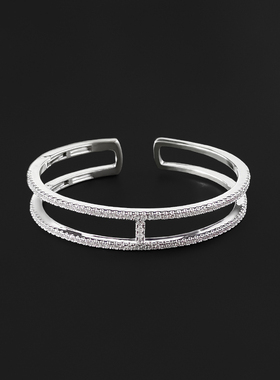 [明星同款]双层线条密镶银手镯开口简约高级设计感生日礼物送女友