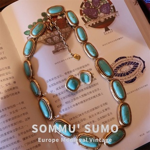 设计师款绿色松石项链耳钉套装 中古vintage锁骨链925银针耳环女