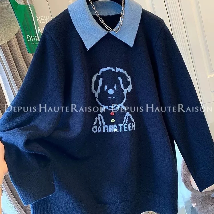 胖mm特大码减龄小狗翻领针织衫