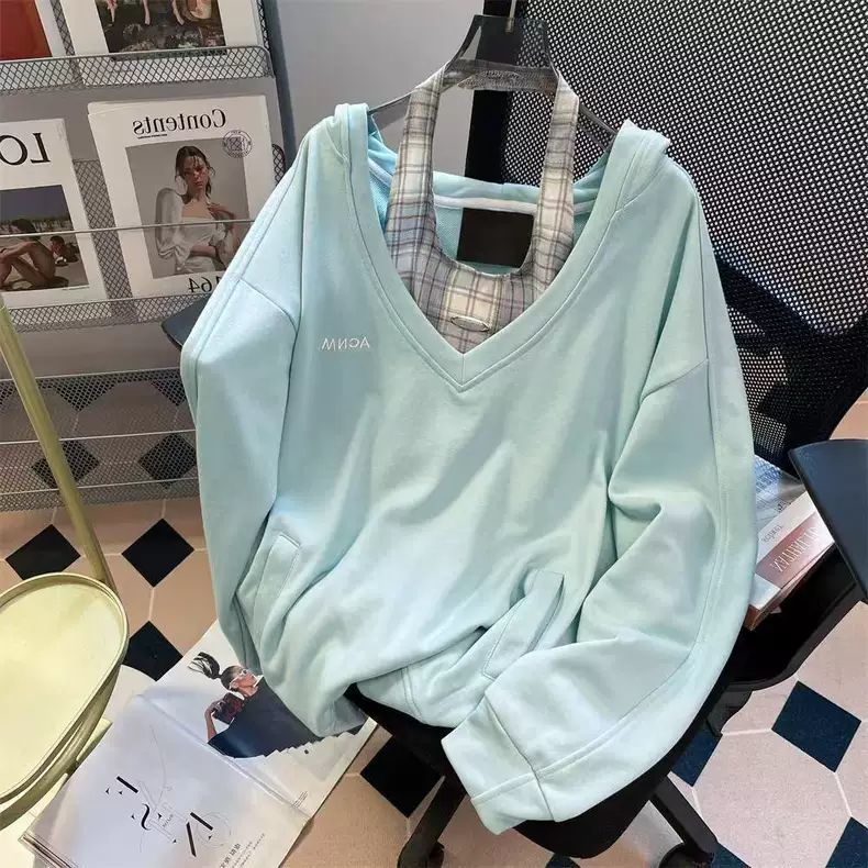 大码格子挂脖吊带连帽卫衣女秋冬图片