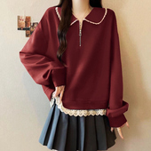 300斤大码 慵懒风娃娃领卫衣女2025秋冬胖mm宽松假两件蕾丝上衣潮