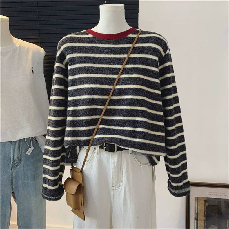 2-300斤大码慵懒风条纹长袖T恤女秋冬胖mm宽松显瘦休闲打底衫上衣,女装/女士精品,卫衣/绒衫,淘宝优惠券,粉丝福利购,淘宝优惠卷