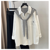 300斤大码 设计感条纹披肩假两件衬衫 女秋冬胖mm宽松休闲百搭上衣