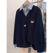 300斤特大码 慵懒风polo领卫衣女2025秋冬胖mm宽松拼接假两件上衣