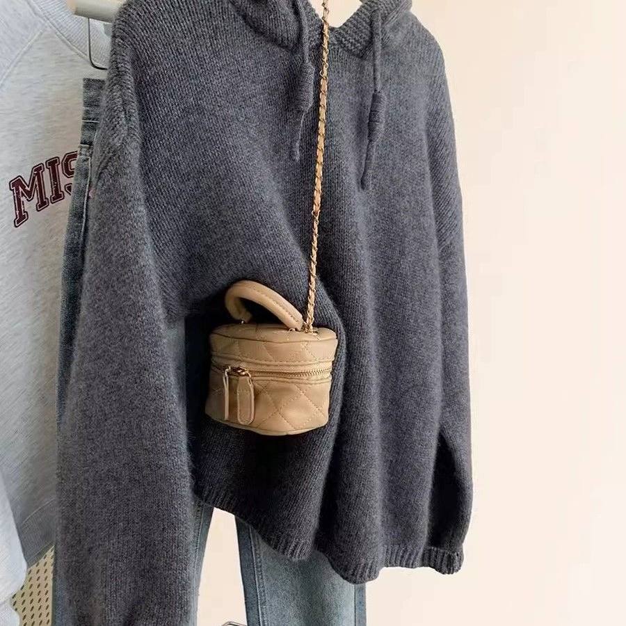 特大码慵懒风灰色连帽针织衫女