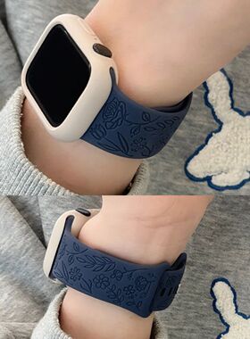 适用applewatch S11玫瑰印花蝴蝶扣硅胶表带iwatchS1098SE新配色