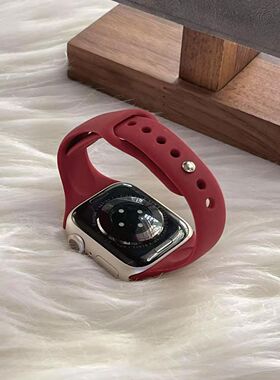 适用applewatch S11酒红小蛮腰运动硅胶手表带iwatch S109876代SE