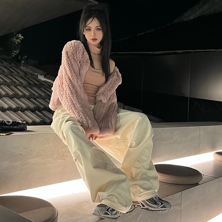 编织短款兔毛皮草甜美