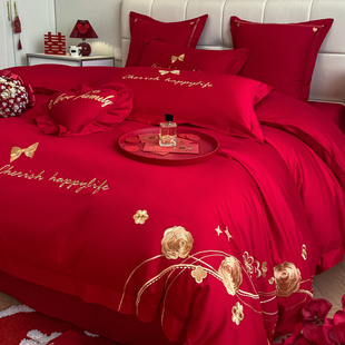 高档喜庆结婚床上用品四件套婚庆纯棉被套大红色床单喜被新房陪嫁