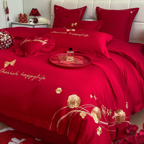 中式刺绣喜庆纯棉红色结婚四件套