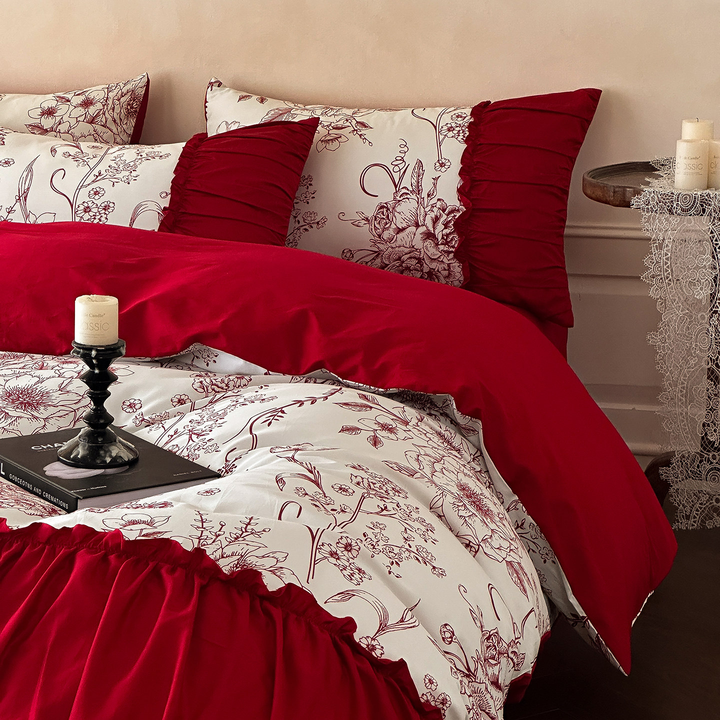 高级感结婚四件套婚庆红色印花被套喜庆婚嫁婚房陪嫁床上用品备婚