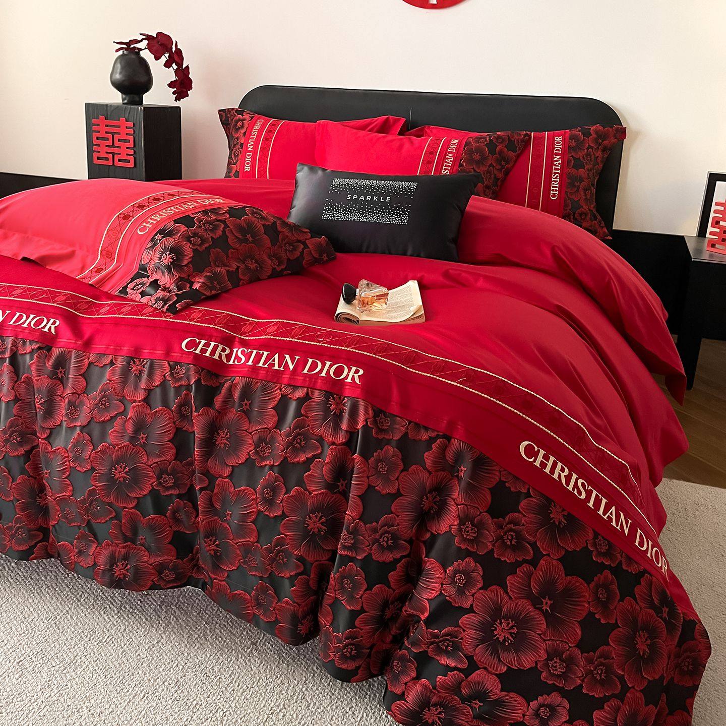 高档中式结婚四件套红色刺绣被套纯棉喜被婚庆床上用品新婚房备婚,床上用品,婚庆床品套件,淘宝优惠券,粉丝福利购,淘宝优惠卷