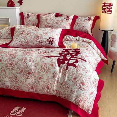 高档新中式双喜刺绣结婚四件套红色喜被纯棉被套婚庆床单陪嫁床品